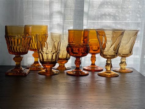 8 Vintage Mismatched Amber Water Goblets Multi Colored Mixed Etsy