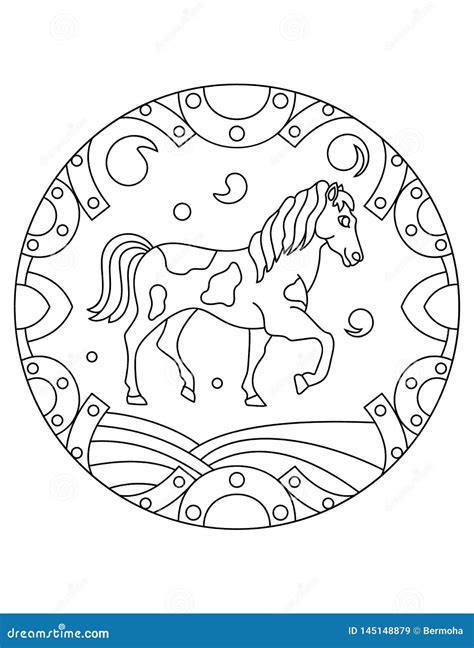 Mandala With An Animal Farm Horse In A Circular Frame Coloring Page