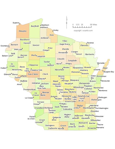 State of Wisconsin County Map with the County Seats - CCCarto
