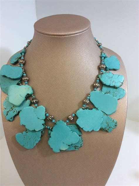Strand Turquoise Slice And Silver Tone Necklace W Leaf Etsy