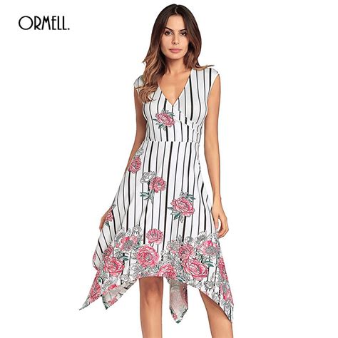 Ormell Women Sleeveless Print Floral Dress Summer Sexy V Neck High Waist A Line Ladies Dresses