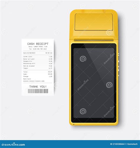 Vector Realistic Yellow 3d Payment Machine Pos Terminal Paper Receipt