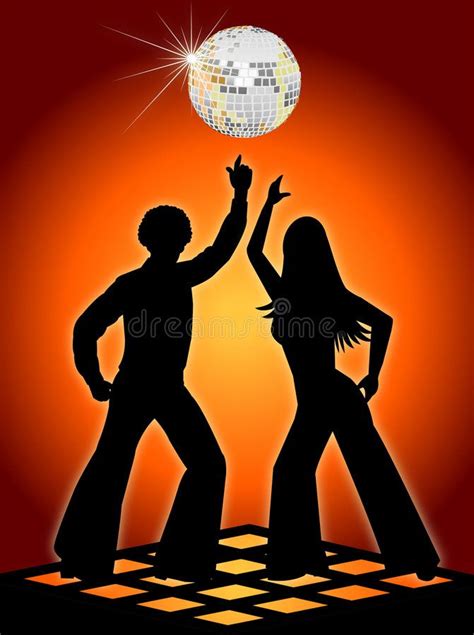 Retro Disco Dancers Orange Silhouette Illustration Of Two Retro