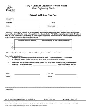 Fillable Online Fire Hydrant Flow Test Request Form City Of Lakeland Fax Email Print PdfFiller