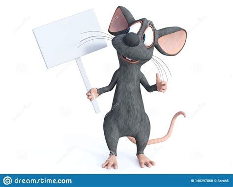 3d Rendering Of A Cartoon Mouse Holding Blank Sign Stock Illustration