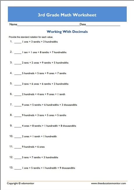 Learn about decimals and decimals place value. Third Grade Math Worksheets - PDF Grade 3 Printables - EduMonitor