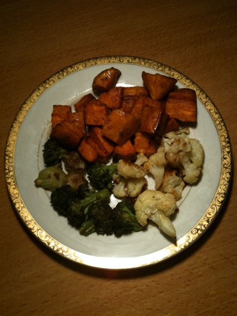 Brush the potatoes with 2 tablespoons of olive oil and sprinkle with 1/2 teaspoon each of salt and pepper. 5 Element Food: Roasted Sweet Potatoes, Broccoli and Cauliflower