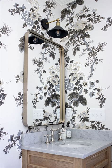 Small Full Bathroom With Bold Floral Wallpaper Matte Black And Brass Accents Blue Doo