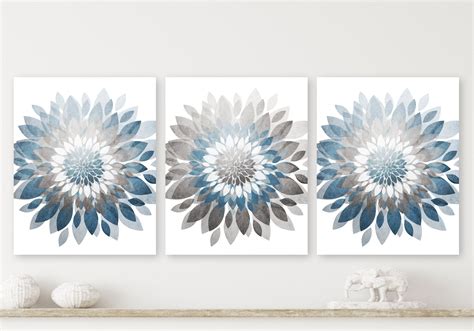 Blue Flower Wall Art Set Of 3 Canvas Or Prints Abstract Etsy Uk