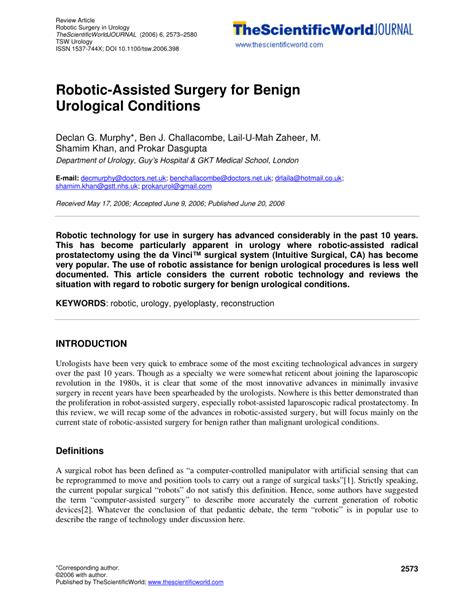 Pdf Robotic Assisted Surgery For Benign Urological Conditions