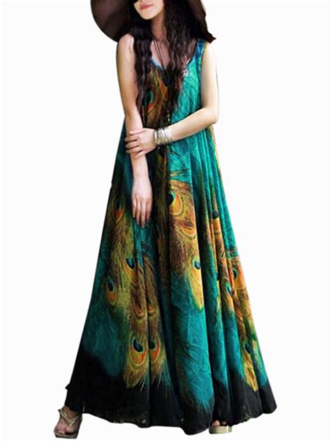 Bohemian Women Peacock Printed Sleeveless Chiffon Maxi Dress With Belt