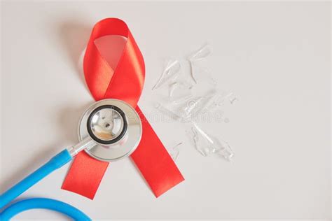 Red Ribbon And Blue Medical Stethoscope Healthcare And Safe Sex Concept Stock Image Image Of
