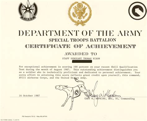 Army Certificate Of Achievement Da Form 2442