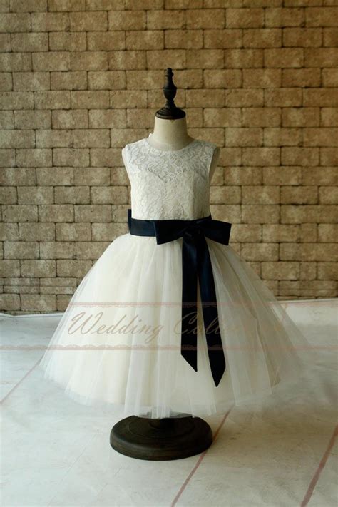 Ivory Lace Tulle Flower Girl Dress With Navy Sash And Bow Champagne