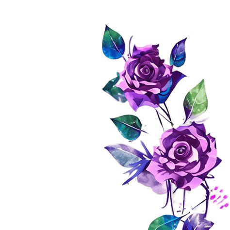 Beautiful Watercolor Purple Roses Bouquet With Green Leaves Buds And