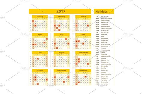 Calendar Holidays Usa 2017 Pre Designed Illustrator Graphics