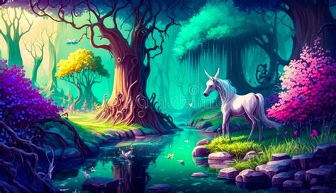 Painting Of Unicorn Standing In The Middle Of Forest Generative Ai