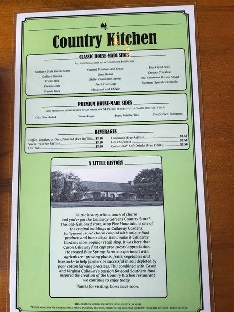 Menu at Callaway Gardens Country Kitchen Restaurant, Pine Mountain