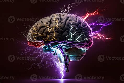 Brain Blast Neon Glowing Brain With Lightning Bolts Against A Black