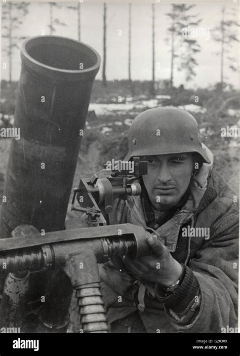 German Soldier Sights 12cm Mortar In The Eastern Front 1944 Stock Photo