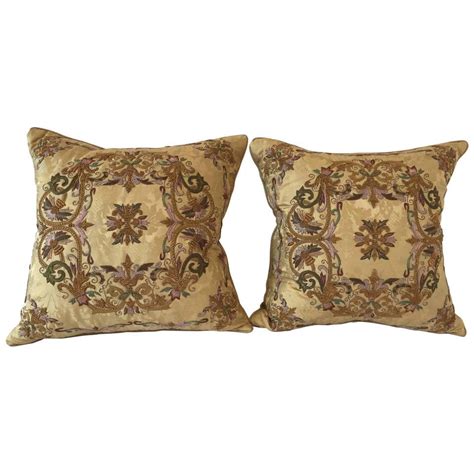 Gorgeous Designer Embroidered Pair Of Gold Throw Pillows At 1stdibs