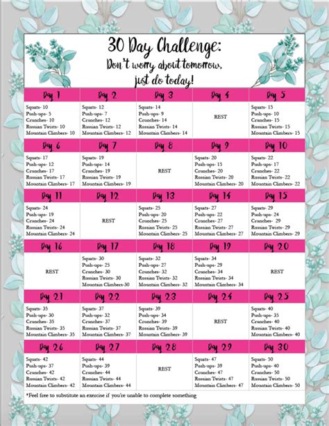 Free Exercise Printable 30 Day Challenge Easy Medium And Hard Levels