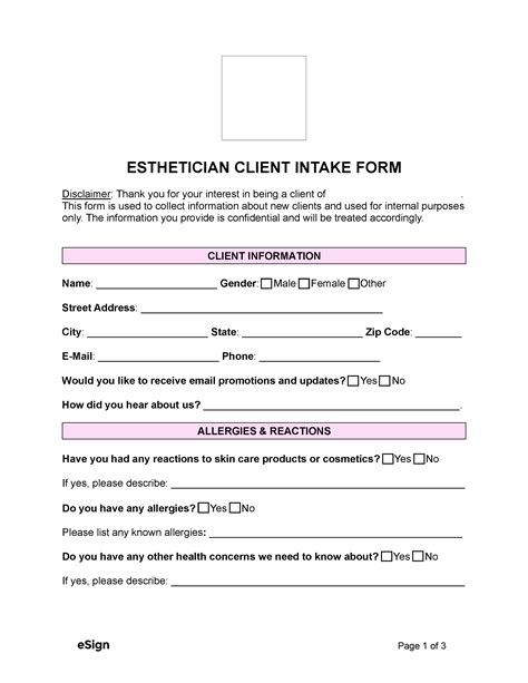 Esthetician Client Intake Form Template