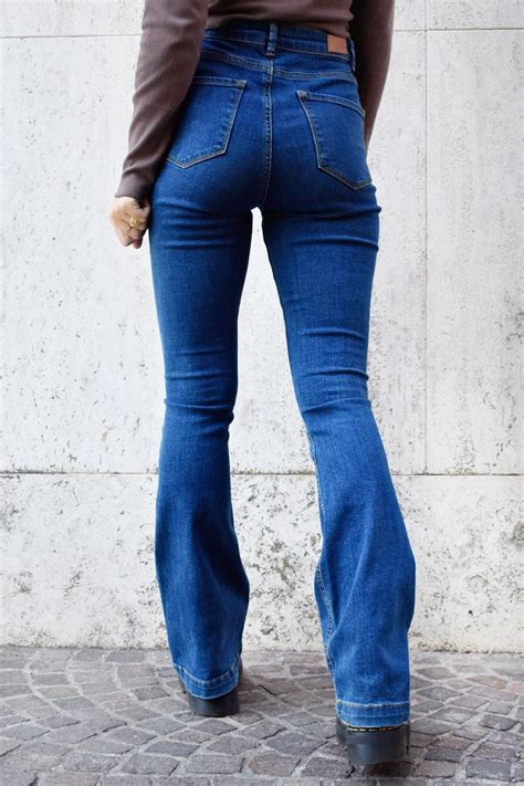 Super High Waisted Flared Jeans Blue Womens Subdued Denim The Rota