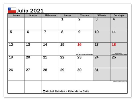 Calendario “chile” Julio De 2021 Para Imprimir Michel Zbinden Es