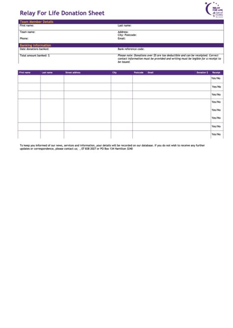 Relay For Life Donation Sheet Printable Pdf Download