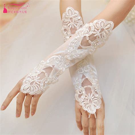 gorgeous sexy white lace fingerless wedding gloves sheer rhinestones beading lace sheer bridal