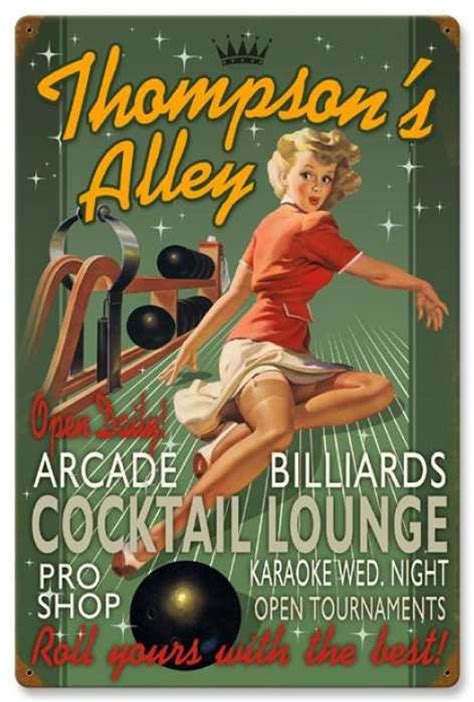 Retro Bowling Alley Pin Up Girl Metal Sign Personalized 16 X 24 Inches
