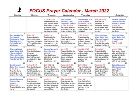 Focus Prayer Calendar March 2022 Focus Ministries