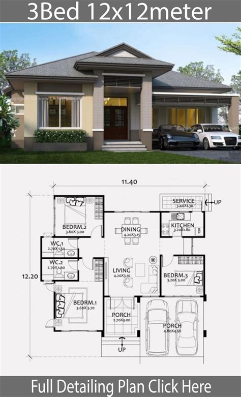Two Bedroom Bungalow House Plans Lovely Home Design Plan 12x12m With 3
