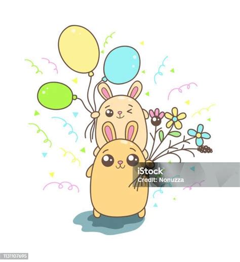 Kawaii Ilustrasi Kelinci Induk Lucu Dan Anaknya Dengan Balon Dan Bunga