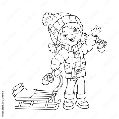Coloring Page Outline Of Cartoon Girl With Sled Winter Coloring Book
