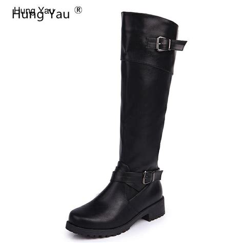 Hung Yau Shoes For Women Boots Thick Bottom Round Toe Boots Flats Zipper Lady Mid Calf Boots