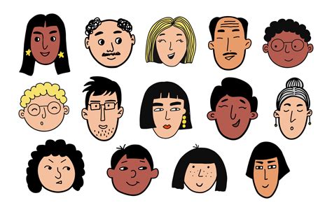 People Faces Doodle Set Hand Drawn Avatars Sketch Different Races