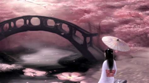 Geisha Bridge Under Japanese Cherry Blossom Sakura Trees After
