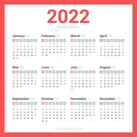 Premium Vector Simple 2022 Calendar Week Starts Sunday