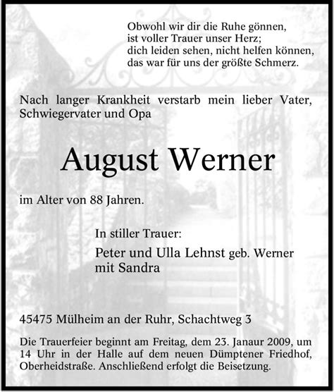 Traueranzeigen Von August Werner Trauer In Nrwde
