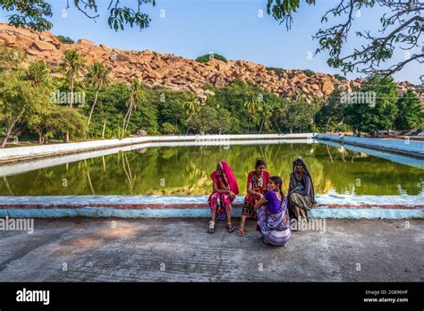 Hampi Karnataka India January Indian Women Sitting Near A Pool Of Water Pampa