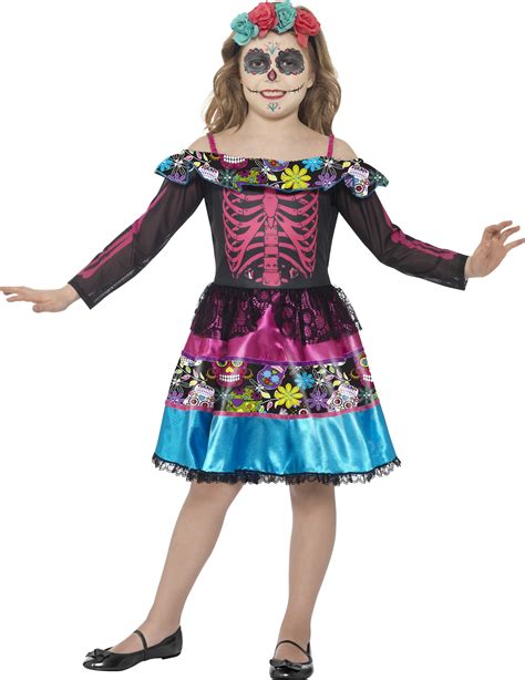 Day Of The Dead Girls Fancy Dress Mexican Skeleton Childs Halloween