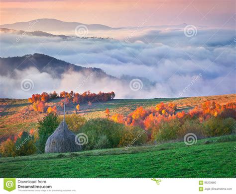 Foggy Morning Scene In The Mountain Village Stock Photo Image Of