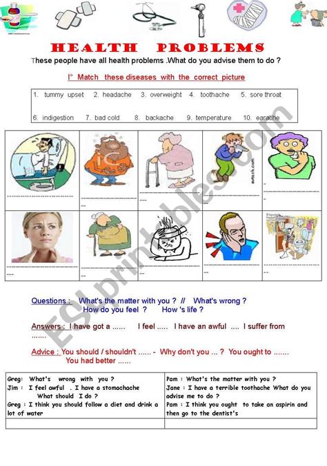 Health Problems And Advice Esl Worksheet By Patou