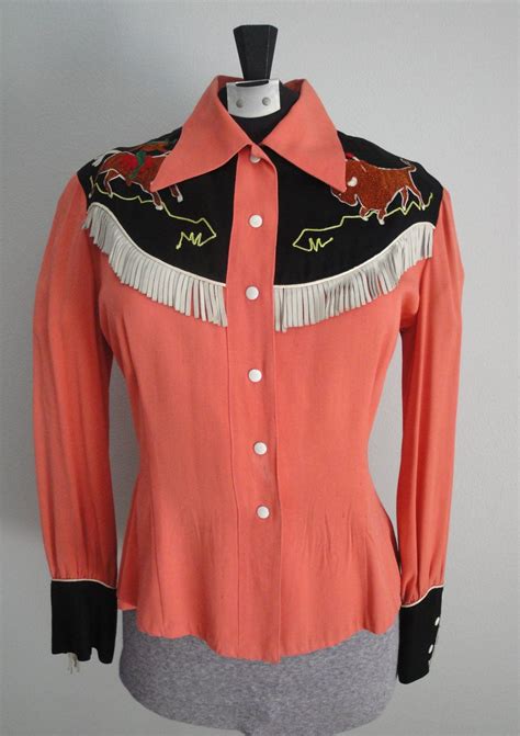 1940s Coral Coloured Western Shirt With Embroidered Bison Motif Vintage Western Wear Western