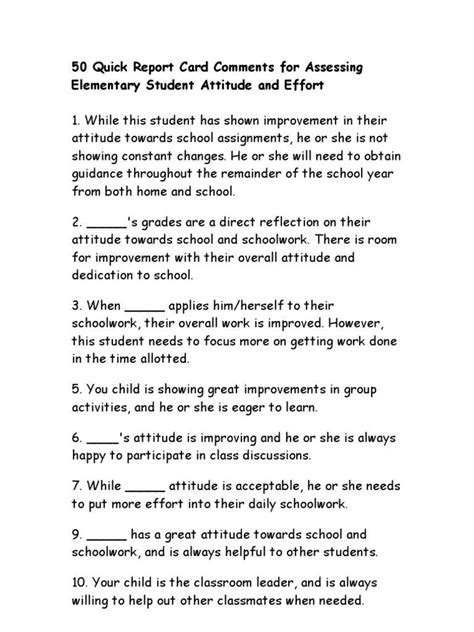 Nearly 300 adjectives and phrases are available here for your use. 50 Quick Report Card Comments for Assessing Elementary ...