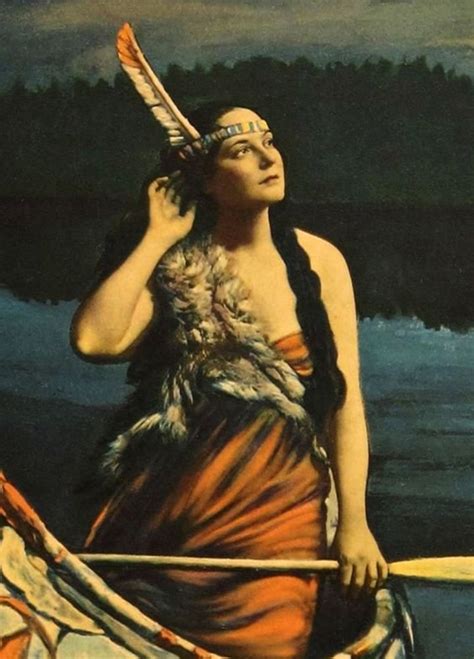 indian maiden on river in canoe circa 1918 fine art giclee vintageillustration