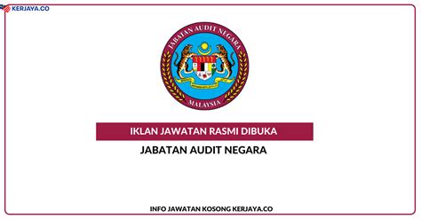 Peluang permohonan terbuka kepada pemohon yang berkelayakan dan berminat untuk mengisi kekosongan jawatan di jabatan audit negara malaysia tahun 2017. Jabatan Audit Negara • Kerja Kosong Kerajaan