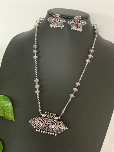 Oxidized Silver Pendant Set Bollywood Jewelry Indian Wedding Jewelry